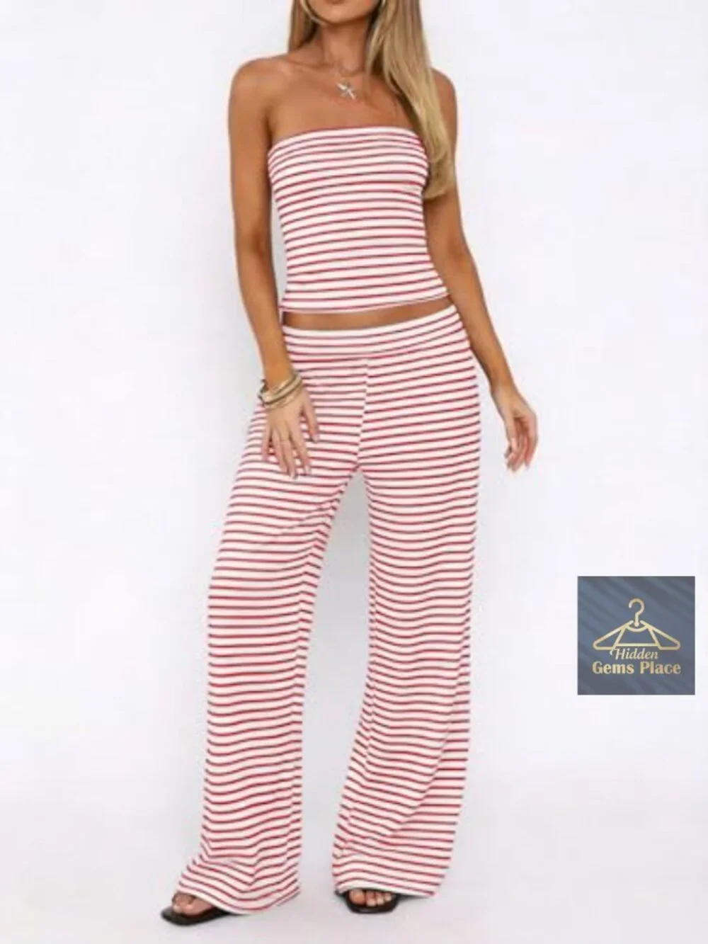 Striped Matching Lounge Set Tube Top Wide Leg Pants Summer Casual Beach